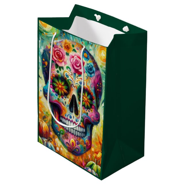 Sugar Skull Dia De Los Muertos Day of the Dead Medium Gift Bag (Front Angled)