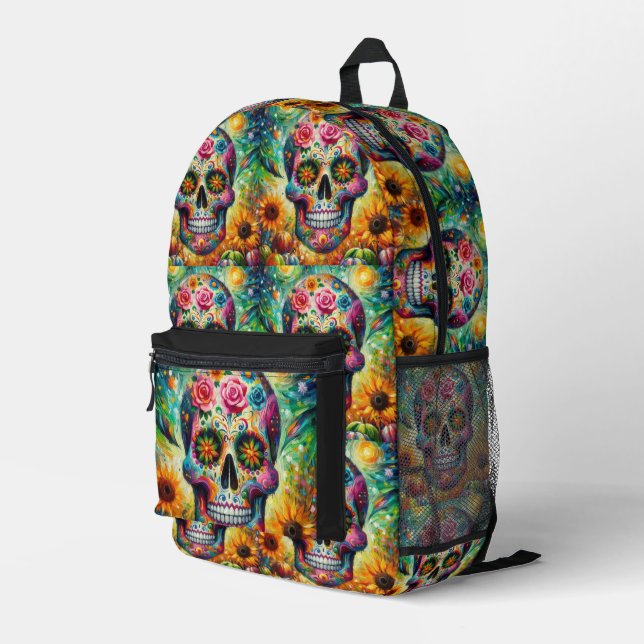 Sugar Skull Dia De Los Muertos Day of the Dead Printed Backpack (Back Corner Right)