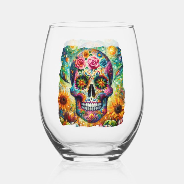 Sugar Skull Dia De Los Muertos Day of the Dead Stemless Wine Glass (Front)