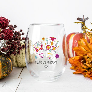 Sugar Skull Dia de los Muertos Stemless Wine Glass