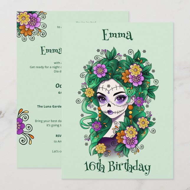 Sugar Skull Dia de los Muertos Sweet 16 Birthday  Invitation (Front/Back)
