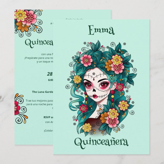 Sugar Skull Dia de Muertos Quinceañera Spanish  Invitation (Front/Back)