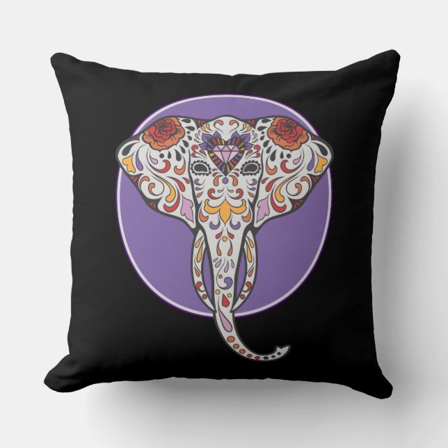 Sugar Skull Elephant in Purple Circle Cushion (Front)