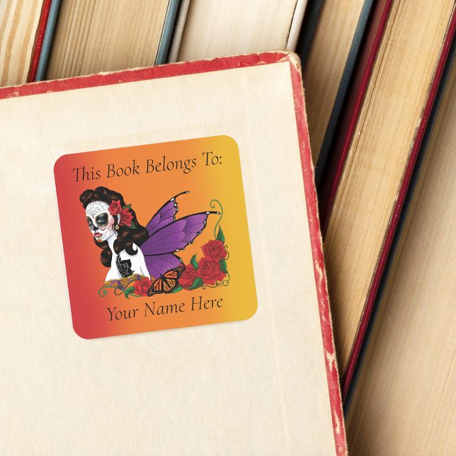 Sugar Skull Fairy Sunset Bookplate Square Sticker (Creator Uploaded)