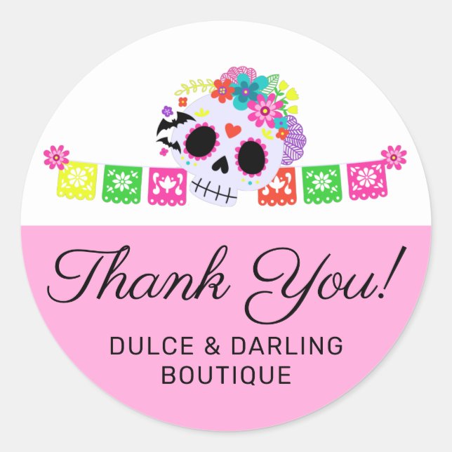 Sugar Skull Floral Calavera Papel Picado Thank You Classic Round Sticker (Front)