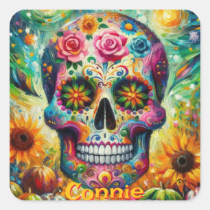Sugar Skull Floral Roses Sunflower Personalised Square Sticker