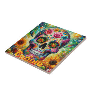 Sugar Skull Floral Roses Sunflower Personalised Tile