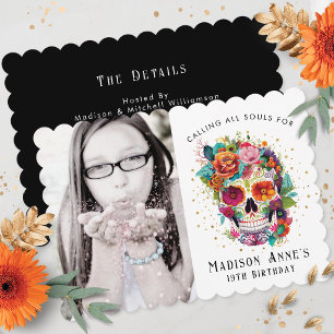 Sugar Skull Flowers All Souls Birthday Photo Invitation