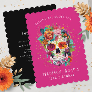 Sugar Skull Flowers Calling All Souls Birthday Invitation