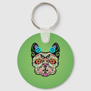 Sugar Skull Frenchie - Green Key Ring