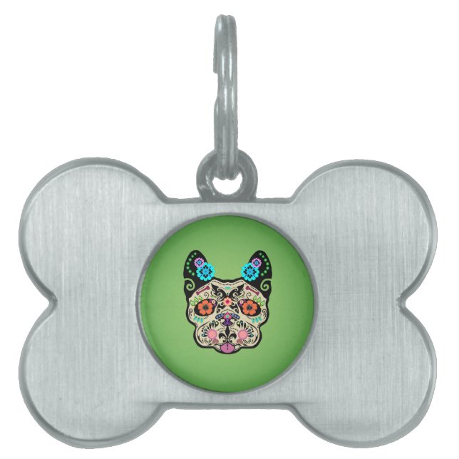 Sugar Skull Frenchie - Green Pet ID Tag (Front)