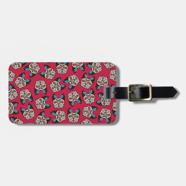 Sugar Skull Frenchie - Pink Luggage Tag (Front Horizontal)