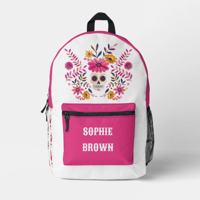 Sugar Skull Fuchsia Flowers Custom Name  Printed Backpack (Front)