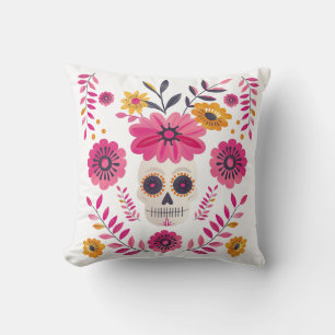 Sugar Skull Fuchsia Mexican Flowers Cinco de Mayo Cushion