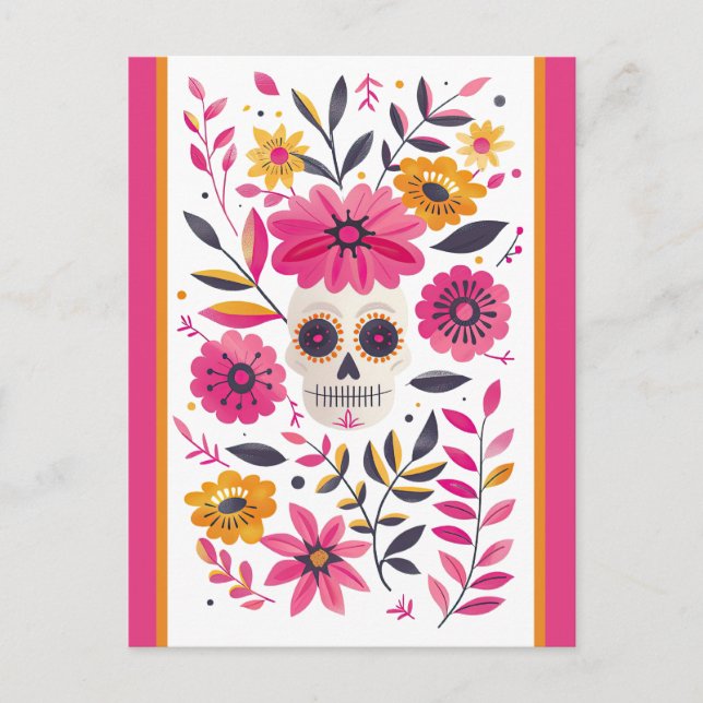 Sugar Skull Fuchsia Mexican Flowers Cinco de Mayo Postcard (Front)