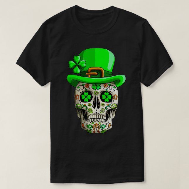 Sugar Skull Funny Saint Patricks Day of Dead  T-Shirt (Design Front)