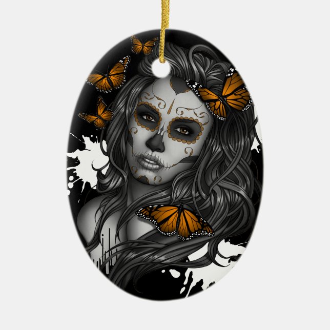 Sugar Skull Girl Ceramic Tree Decoration (Front)