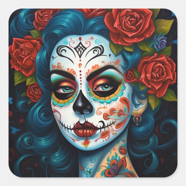 Sugar Skull Girl Day Of The Dead Square Sticker (Front)