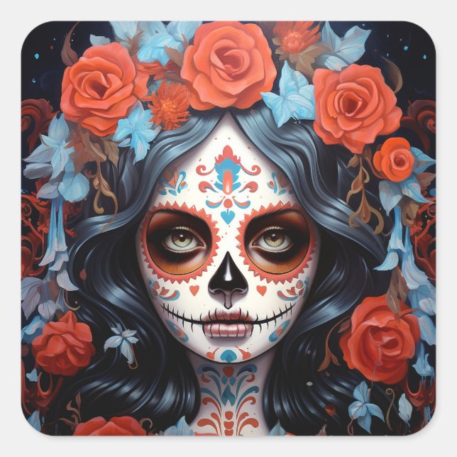 Sugar Skull Girl Day Of The Dead Square Sticker (Front)