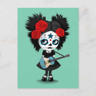 Sugar Skull Girl Playing Guatemalan Flag Guitar Postcard