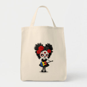 Sugar Skull Girl Playing Romanian Flag Guitar Tote Bag