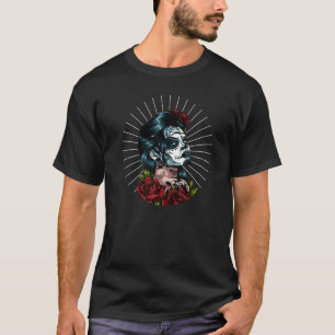 Sugar Skull Girl Roses Dia De Los Muertos Mexican T-Shirt