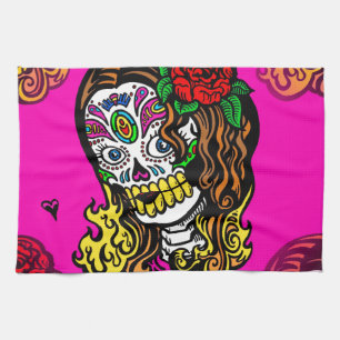 sugar skull girl tea towel