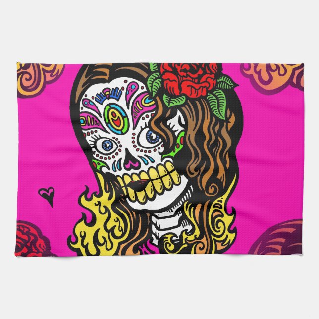 sugar skull girl tea towel (Horizontal)