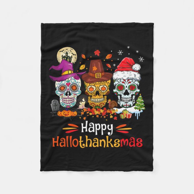 Sugar Skull Hallothanksmas Halloween Thanksgiving  Fleece Blanket (Front)