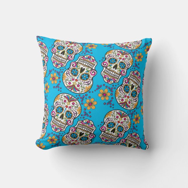Sugar Skull Halloween Blue Cushion (Front)