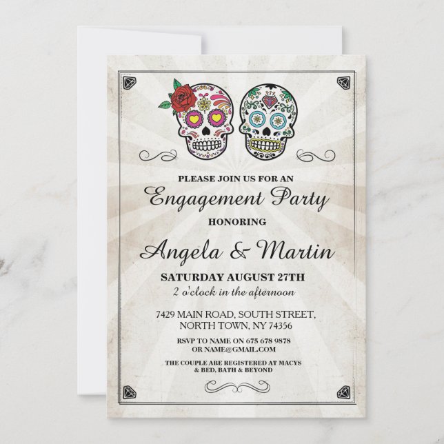 Sugar Skull Halloween Engagement Party Invite (Front)