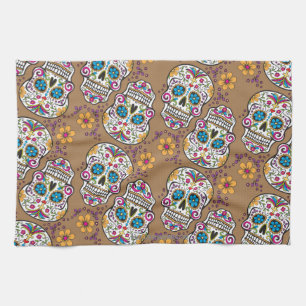 Sugar Skull Halloween Khaki Tea Towel