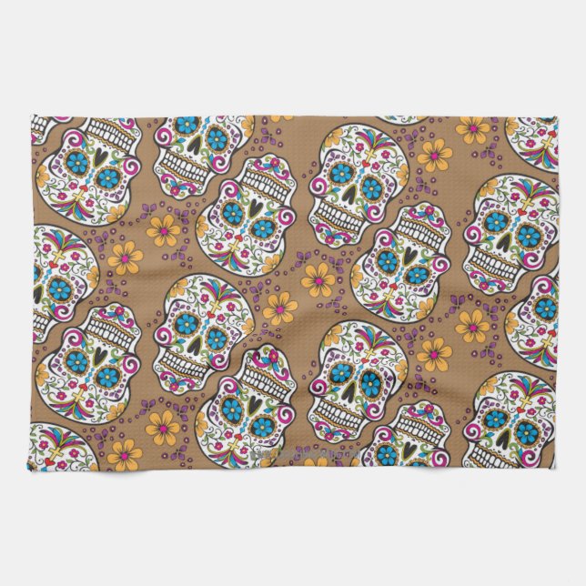 Sugar Skull Halloween Khaki Tea Towel (Horizontal)