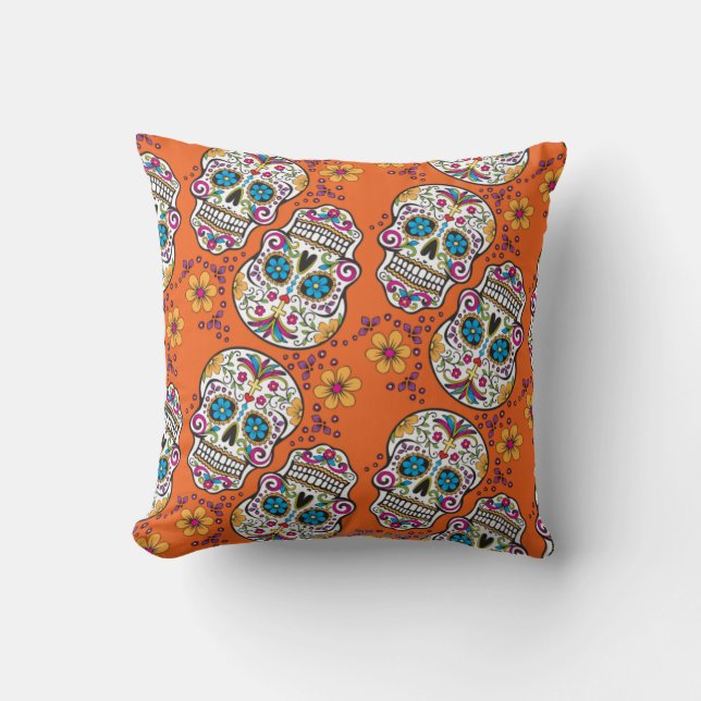 Sugar Skull Halloween Orange Cushion (Front)