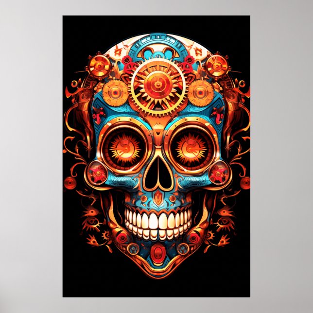 Sugar Skull Images Dark Blue Smiling Guy on a Wall Poster (Front)