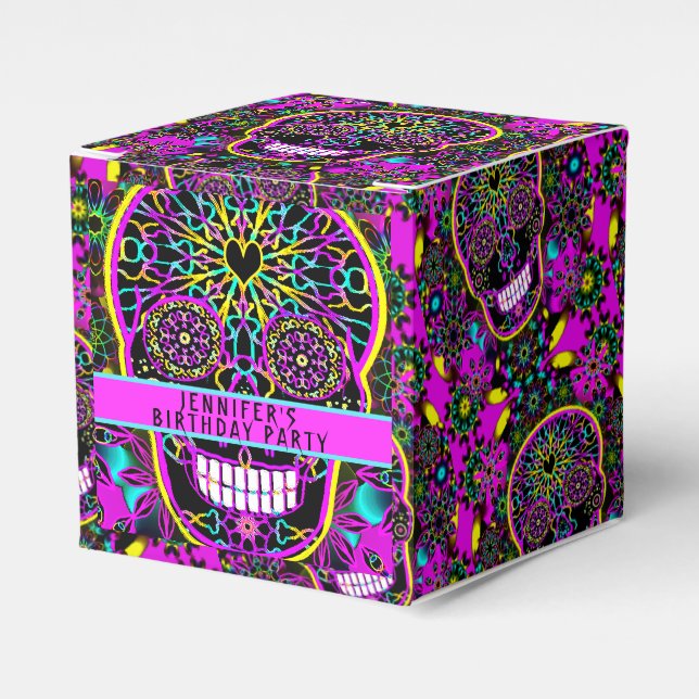 Sugar Skull in Neon Pink Birthday Party Favour Box (Front Side)