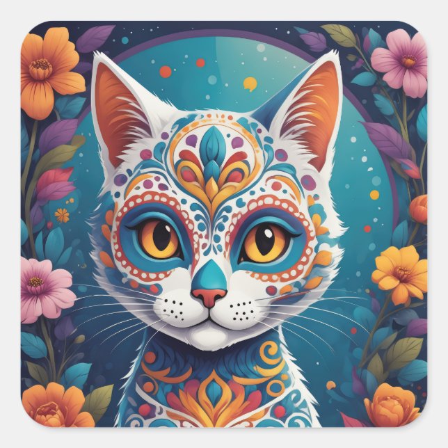 Sugar Skull Kitty Square Sticker (Front)