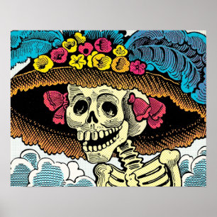 Sugar Skull Lady in Floral Sun Hat Pop Art Graphic Poster