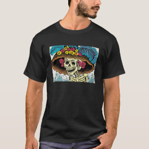 Sugar Skull Lady in Floral Sun Hat Pop Art Graphic T-Shirt