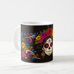 Sugar Skull Lady White Line Art Gothic Coffee Mug