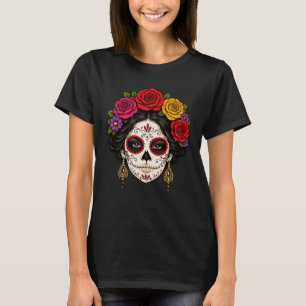 Sugar Skull Lady White Line Art Gothic T-Shirt