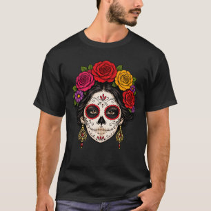 Sugar Skull Lady White Line Art Gothic T-Shirt