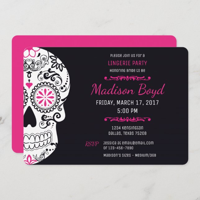Sugar Skull Lingerie Party Hot Pink & Black Invite (Front/Back)