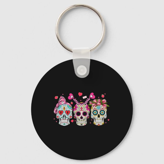 Sugar Skull Lovers Valentine's Day Couple Matching Key Ring (Front)