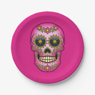 Sugar Skull Magenta Floral Paper Plate