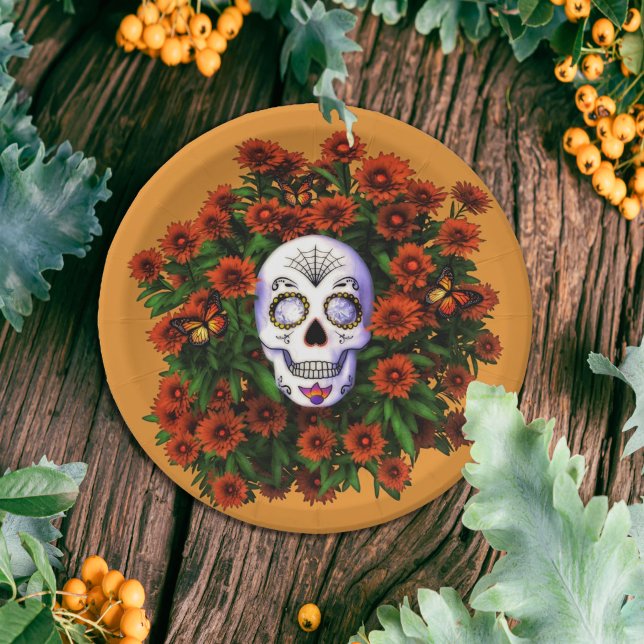 Sugar Skull Marigold Dia de Los Muertos Halloween  Paper Plate (Creator Uploaded)
