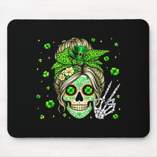 Sugar skull messy bun leopard shamrock st patricks mouse pad (Front)