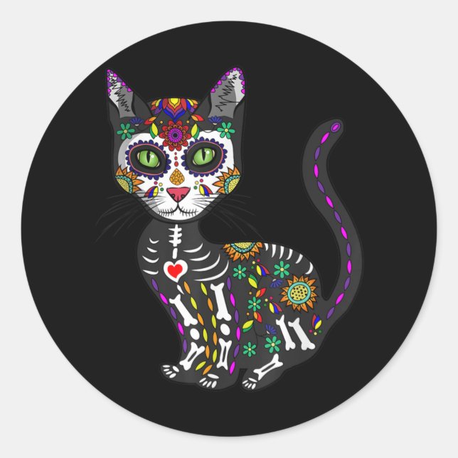 Sugar Skull Mexican Cat Halloween Day Of The Dead Classic Round Sticker (Front)