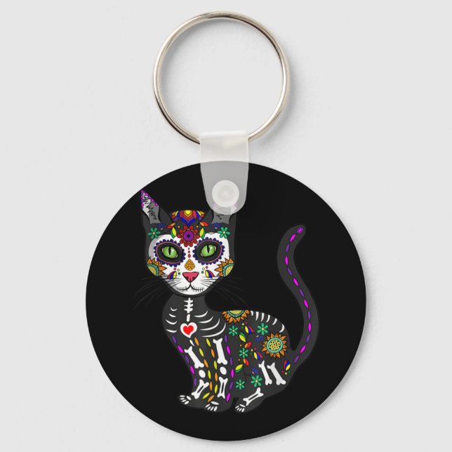 Sugar Skull Mexican Cat Halloween Day Of The Dead Key Ring (Front)