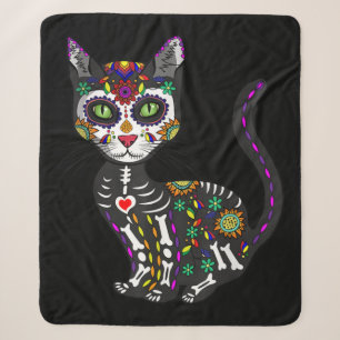 Sugar Skull Mexican Cat Halloween Day Of The Dead Sherpa Blanket